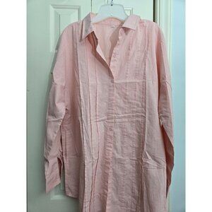 Womens Pink Button-Up Cotton Shirt Dress Lounger Beach cover XL Relaxed Fit